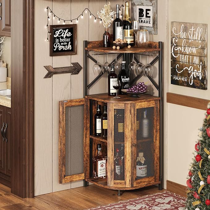Home Bar Setup - خزانة بار زاوية مع حامل زجاجات،