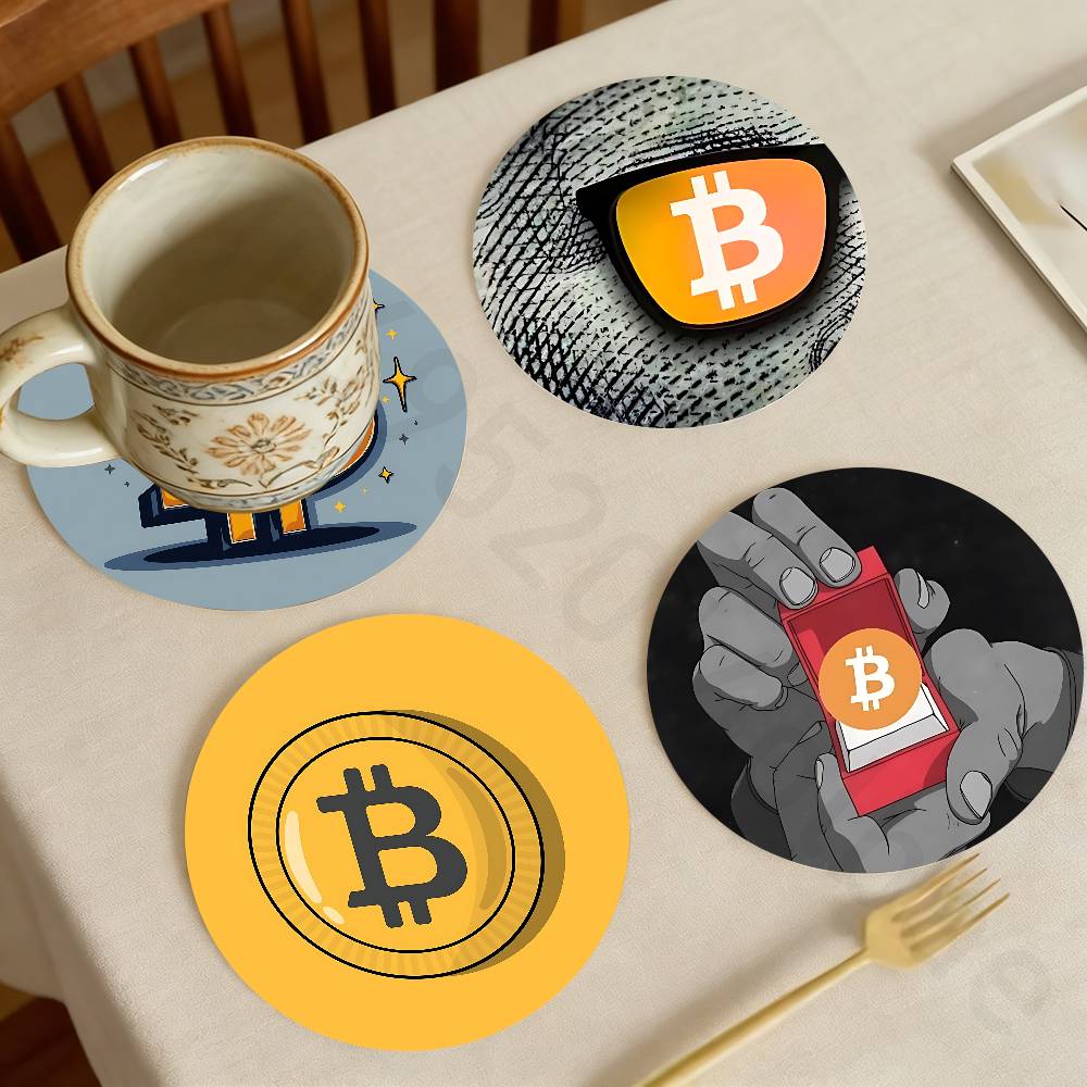 Bar Mat Rubber - حامل أكواب خشبي بتصميم عملة البيتكوين